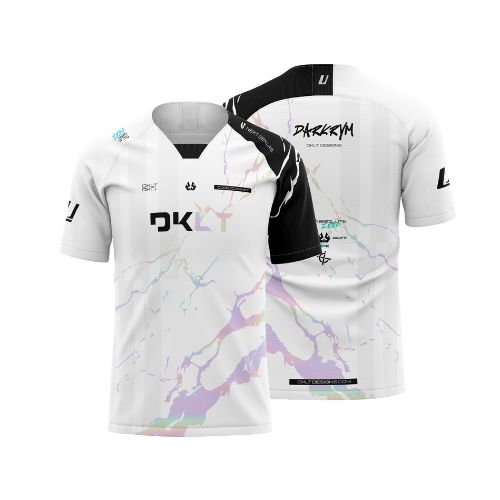 DKLT Designs V2 Late 2025 E-sports jersey mock-up. White design with black shoulders and a stylized colorful splash art.